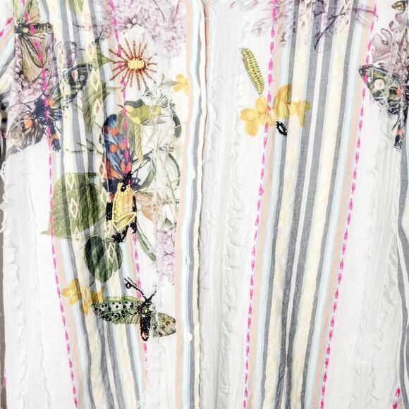 Chico’s Women’s Top Garden Girl Floral Stripe Beaded Embroidery Button Up Size L - Picture 4 of 10